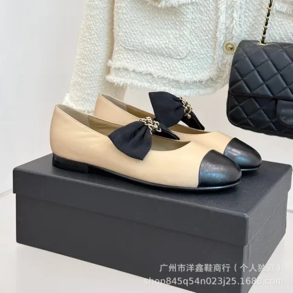 Chanel-inspired Two-Tone Bow Loafers Beige and Black Flat Shoes - 20