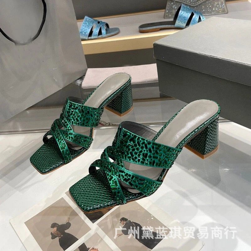 Emerald Green Snake-Print Block Heel Mules