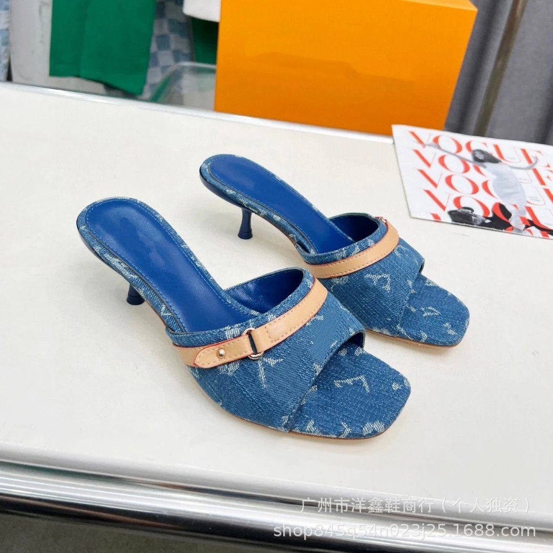 Louis Vuitton Monogram Denim Mule in Blue with Beige Leather Strap Heels