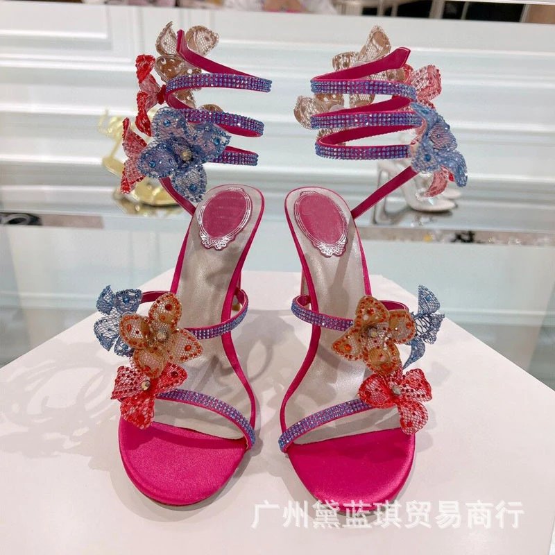 Clear Strap Floral Embellished Stiletto Heels Pink Transparent Sandals - 3