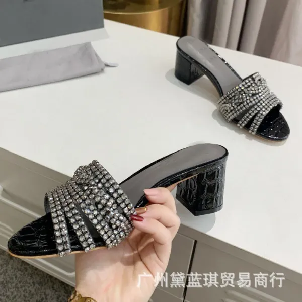 Design Crystal-Embellished Croc-Print Block Heel Mules Black - 4