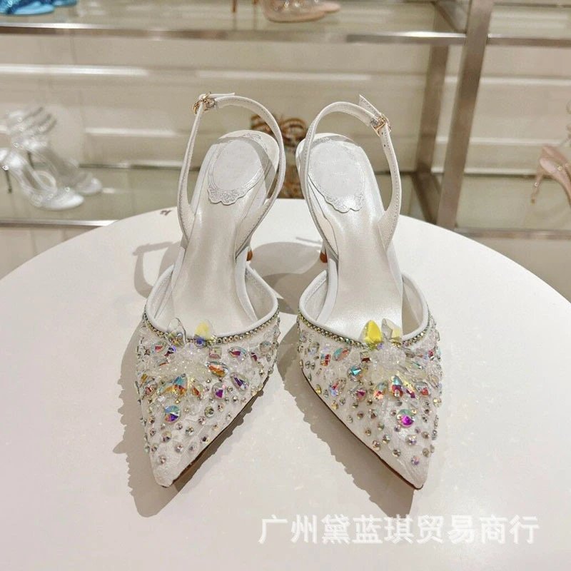Crystal-Embellished Pink Satin Slingback Stiletto Heels