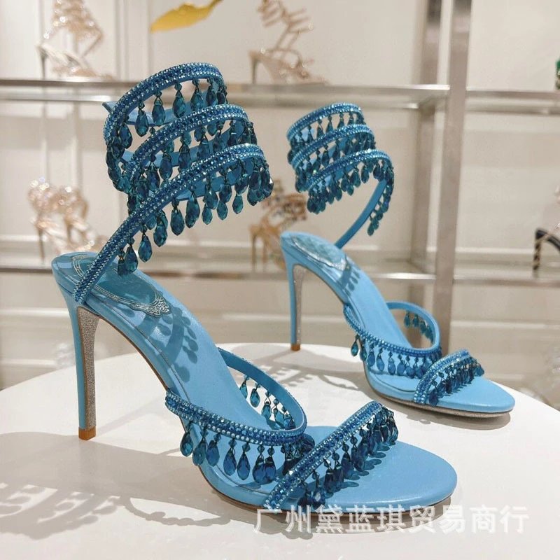 Christian Louboutin Blue Crystal-Embellished Strappy Stiletto Sandals