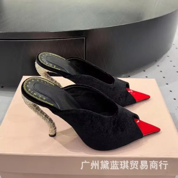 Saint Tears Sculptural Heel Black Suede Pointed-Toe Pumps with Gold Hardware - 9