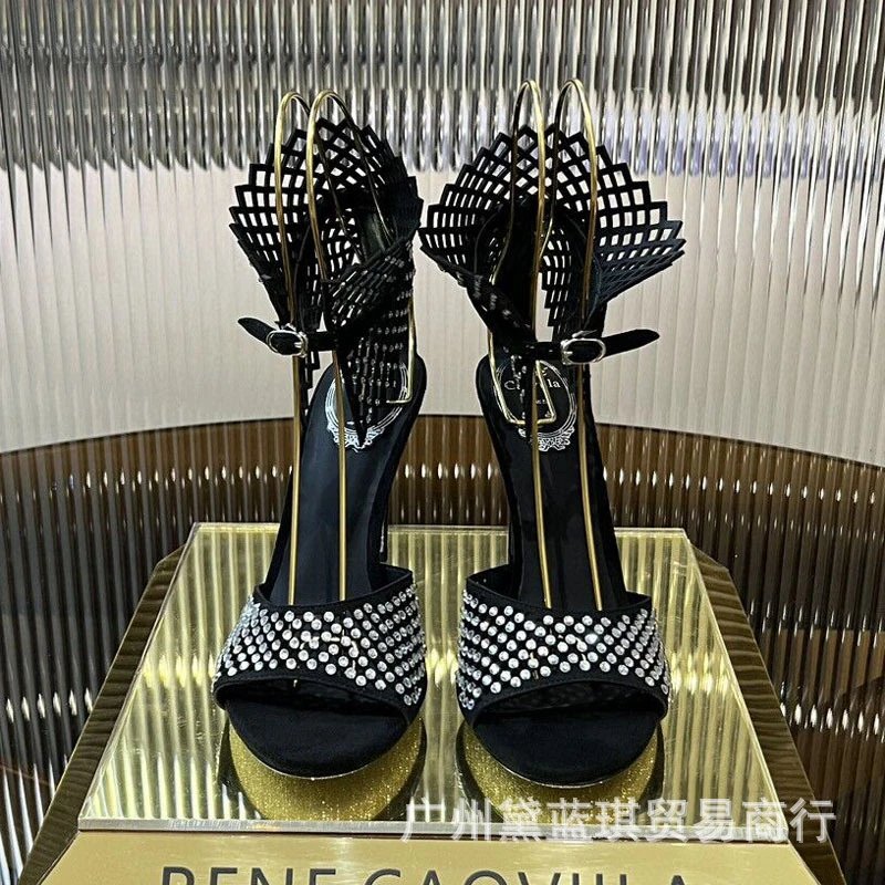 Bene Gao Villa Crystal-Embellished Fan Heel Sandals Black