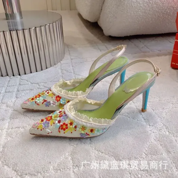 White Lace-Embellished Stiletto Mules Heels - 5