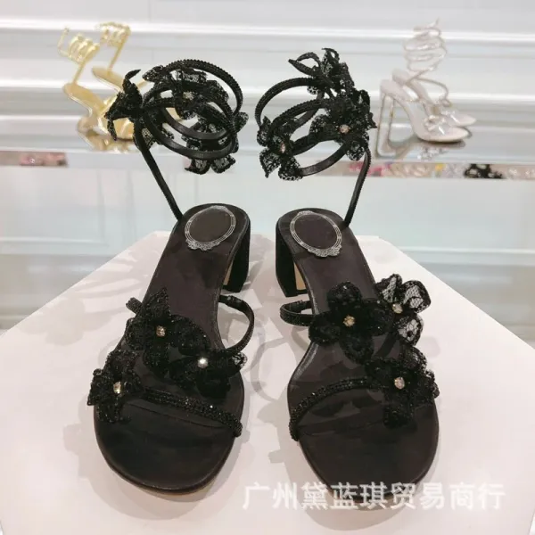 Dior J'adior Floral Embellished Black Block Heel Sandals - 3