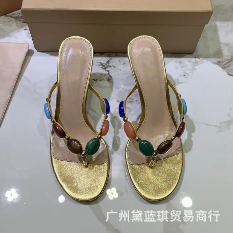 爆款欧美外贸高端牛皮彩色玛瑙圆头高跟夹脚拖鞋波西尼亚风人字拖: findsindex.com