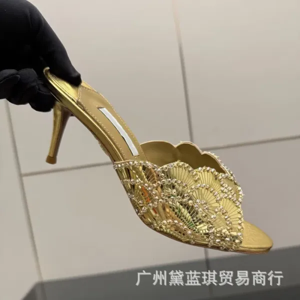 Design Crystal-Embellished Scallop-Toe Mule Heels Silver - 6