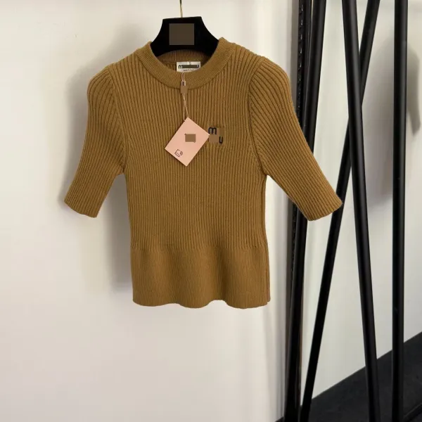 Miu Miu Ribbed Knit Short-Sleeve Sweater Navy - 6