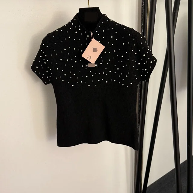 Unbranded Knitwear Pearl-Embellished Mock-Neck Short-Sleeve Knit Top product detail image 3