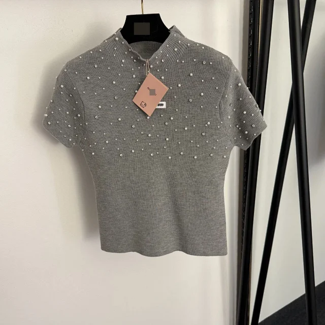 Unbranded Knitwear Pearl-Embellished Mock-Neck Short-Sleeve Knit Top product detail image 5