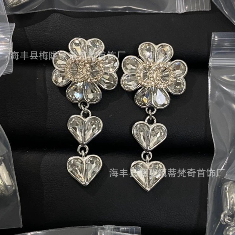 Chanel-Inspired Flower Heart Drop Earrings Silver Crystal Jewelry