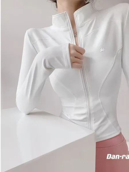 Alo Yoga Studio Zip-Up Long Sleeve White Activewear Top - 4