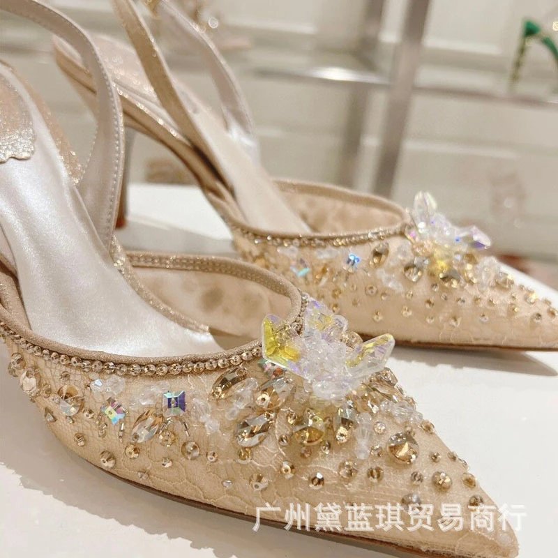 Design Crystal-Embellished Pink Pointed-Toe Slingback Heels - 2
