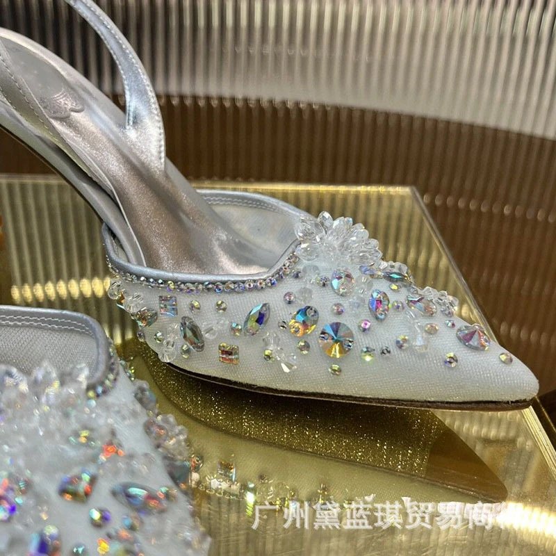 Design Crystal-Embellished Pink Pointed-Toe Slingback Heels - 10