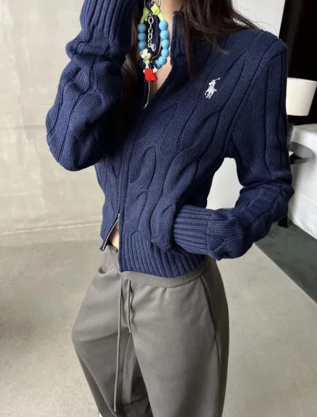 Ralph Lauren Cable Knit Cropped Zip-Up Sweater Navy - 26
