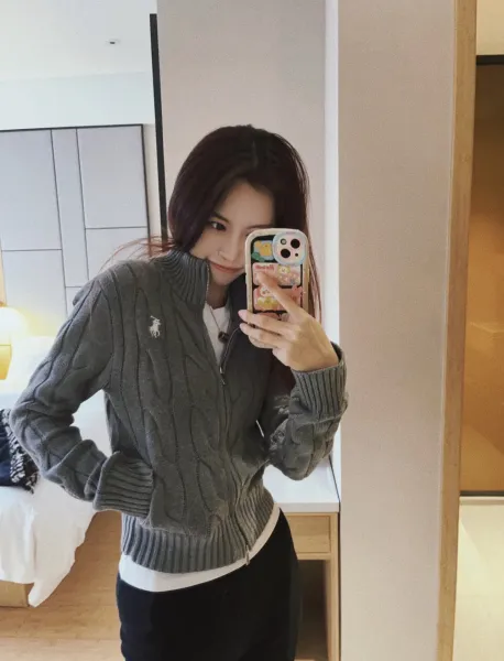 Ralph Lauren Cable Knit Cropped Zip-Up Sweater Navy - 34