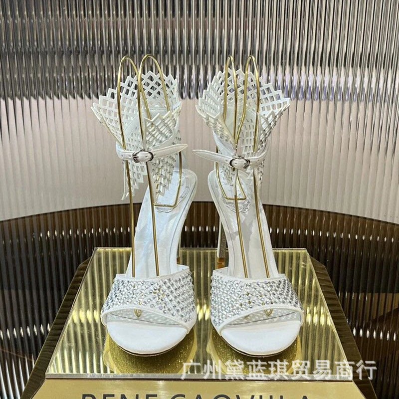 Bene Gacvilla Crystal-Embellished Winged Heels White Sandals