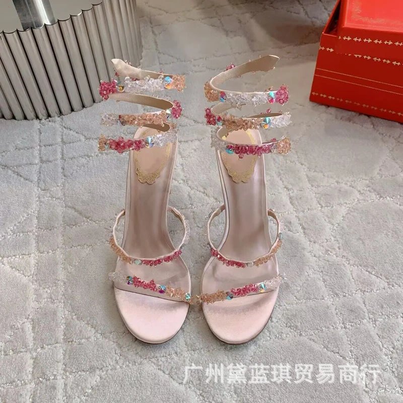 Crystal-Embellished Spiral Strap White Heels - 3