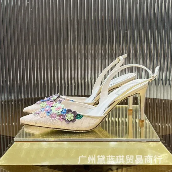 Bene Gao Villa Floral Embellished Slingback Stilettos White - 10