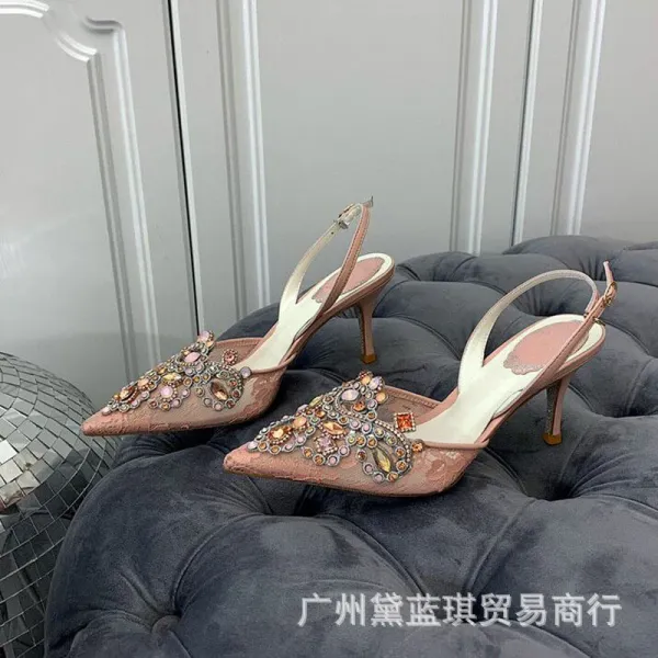 Design Embellished Red Lace Slingback Stilettos - 3