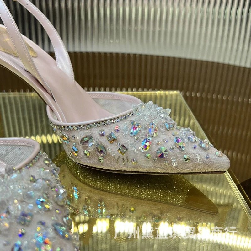 Design Crystal-Embellished Pink Pointed-Toe Slingback Heels - 7