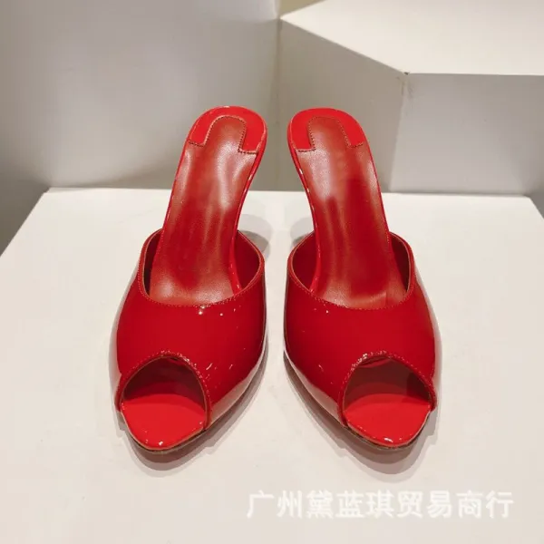 Red Patent Leather Peep-Toe Mule Heels - 6