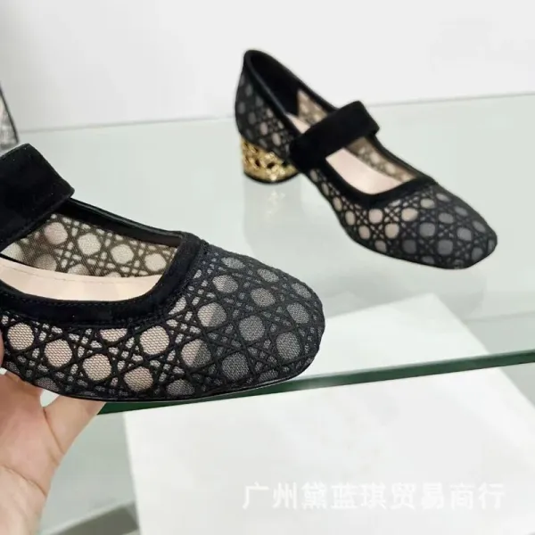Dior J'Adior Mary Jane Lace Black Gold Block Heel Shoes - 4
