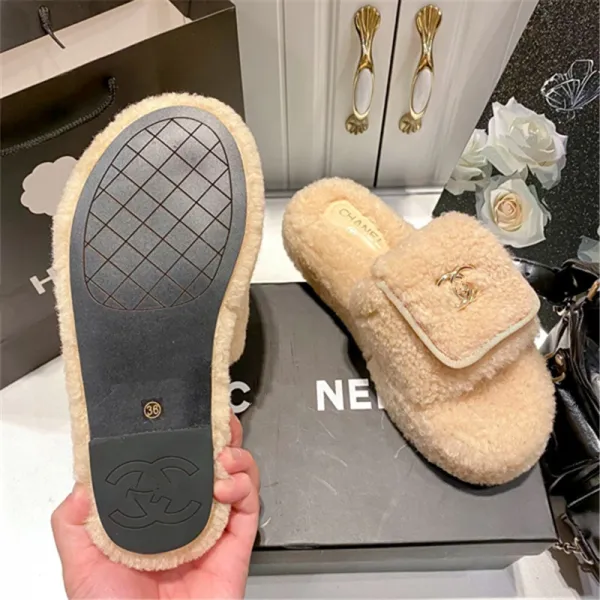 Chanel-inspired Faux Shearling Slide Slippers Beige Slippers - 13