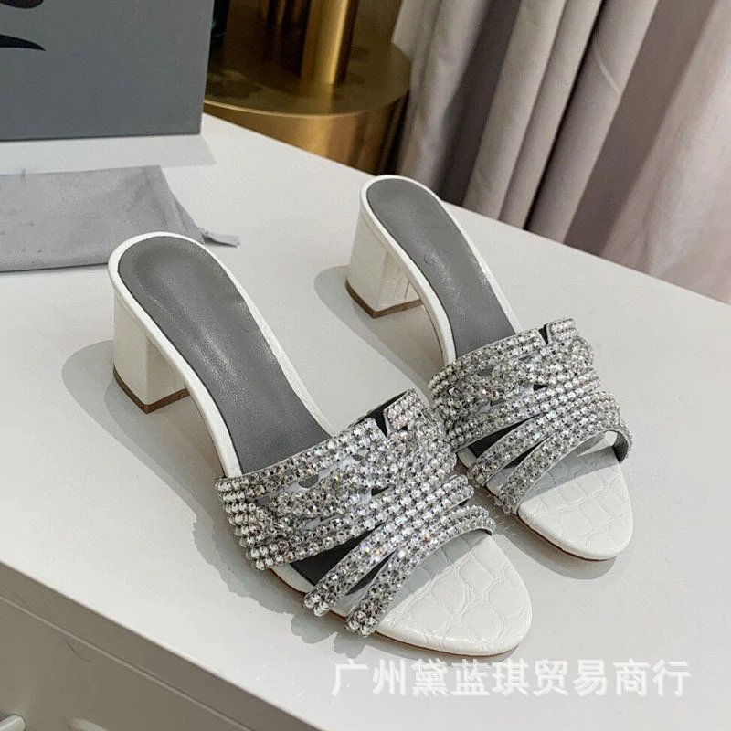 Crystal-Embellished Croc-Print Block Heel Mules Beige Sandals