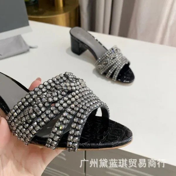 Design Crystal-Embellished Croc-Print Block Heel Mules Black - 5