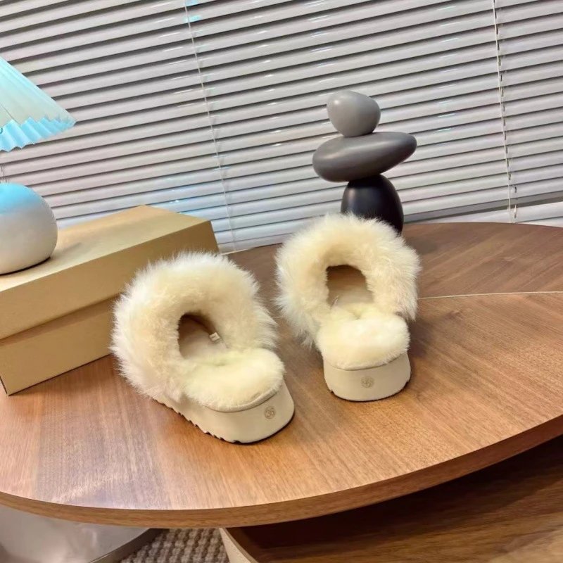 UGG Fluff Platform Slippers Beige Faux Fur Slippers - 16
