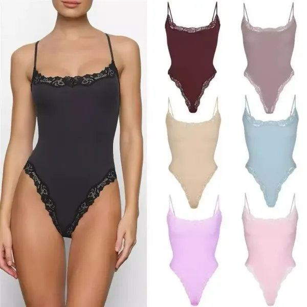 Lingerie Bodysuit in Soft Pink with Floral Lace Trim - 4