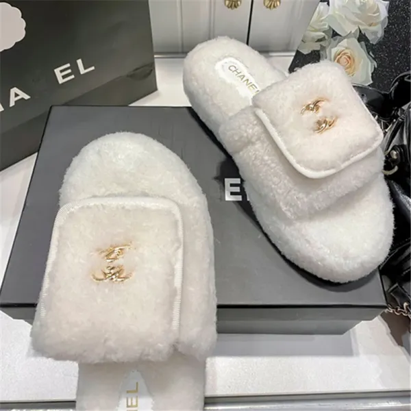 Chanel-inspired Faux Shearling Slide Slippers Beige Slippers - 7