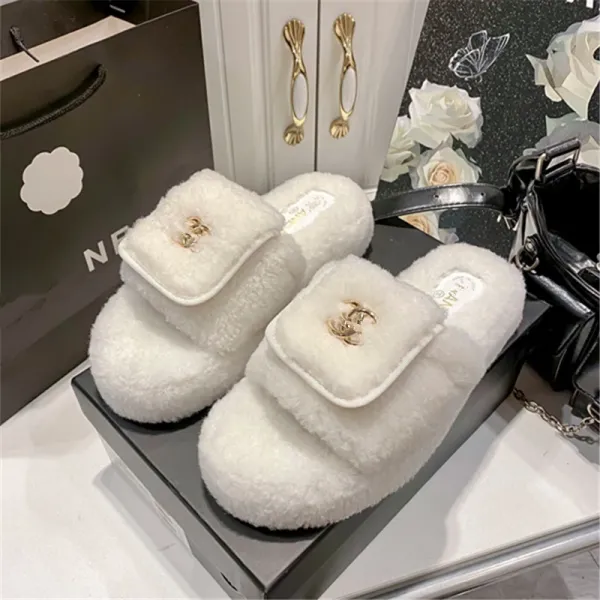 Chanel-inspired Faux Shearling Slide Slippers Beige Slippers - 8