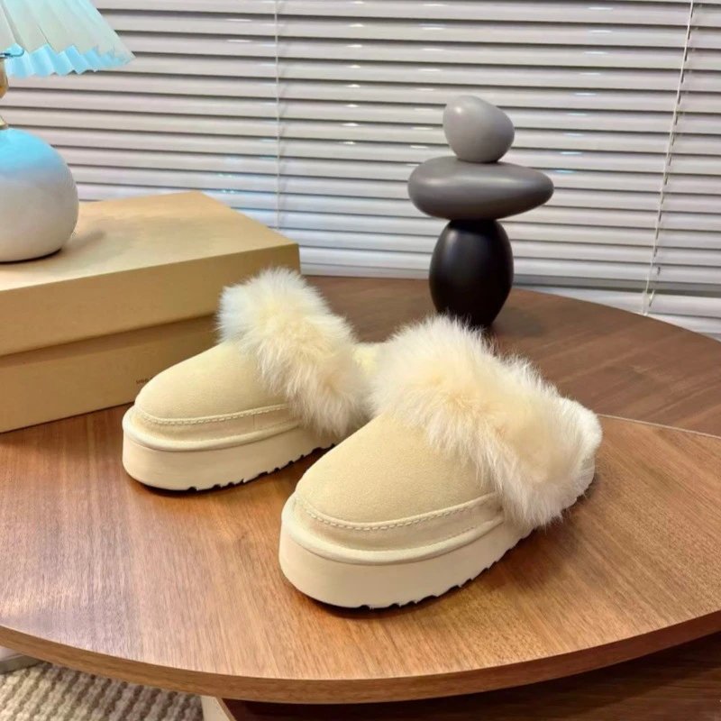 UGG Fluff Platform Slippers Beige Faux Fur Slippers - 13
