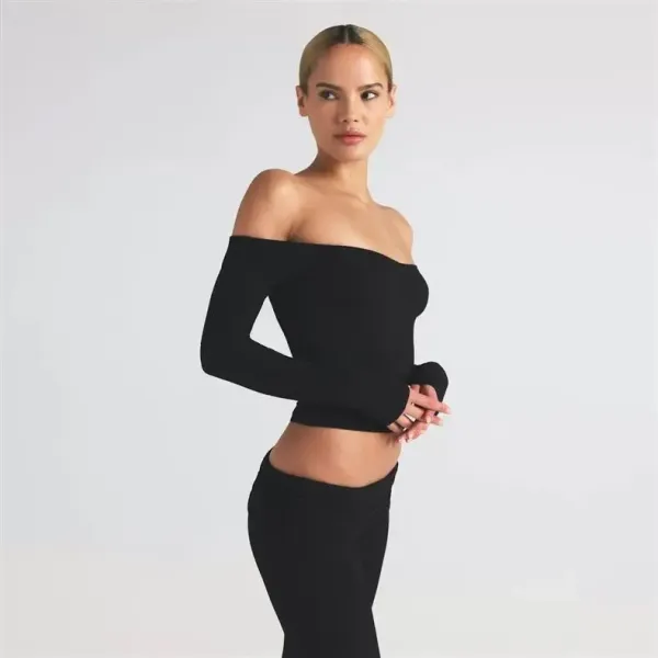 Off-White Ribbed Off-Shoulder Long Sleeve Top Black - 3