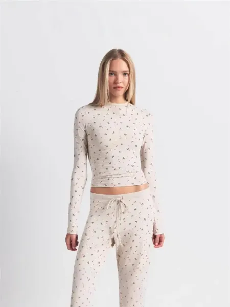 GRA Floral Print Cropped Long-Sleeve Top Beige - 8