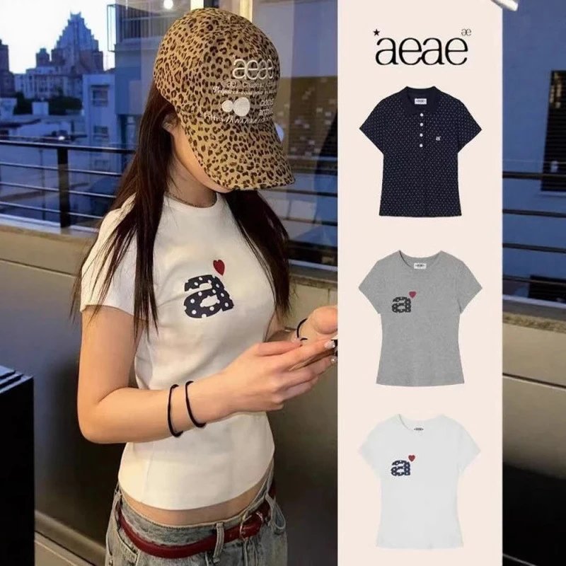Korean aeae Heart A-Letter T-Shirt for Women 2025 Summer Slim Cropped College Style Polka Dot Neck Short Sleeve: findsindex.com