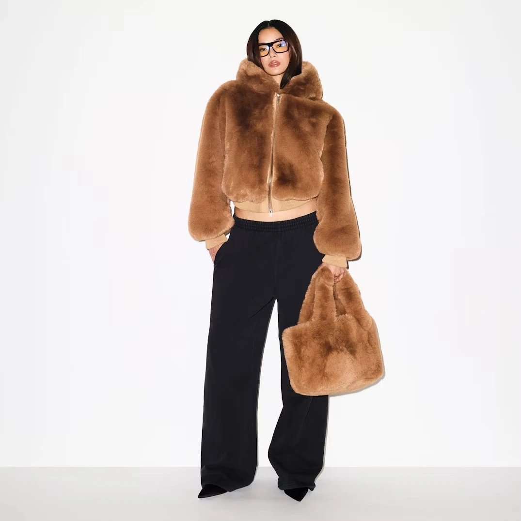 Faux Fur Cropped Hooded Bomber Jacket in Camel - 2