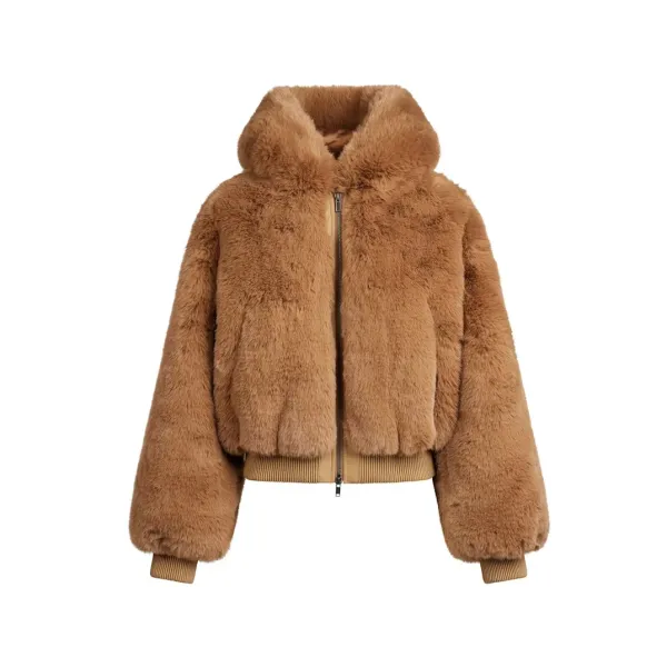 Faux Fur Cropped Hooded Bomber Jacket in Camel - 5