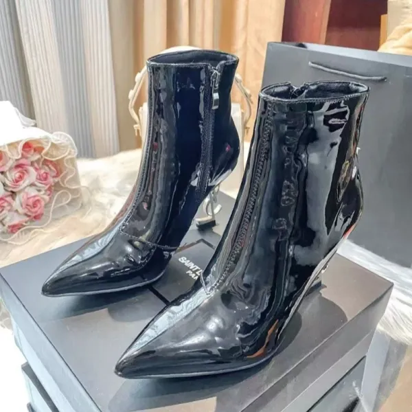 Saint Laurent Opyum Ankle Boots Black Leather Stiletto Heels - 17