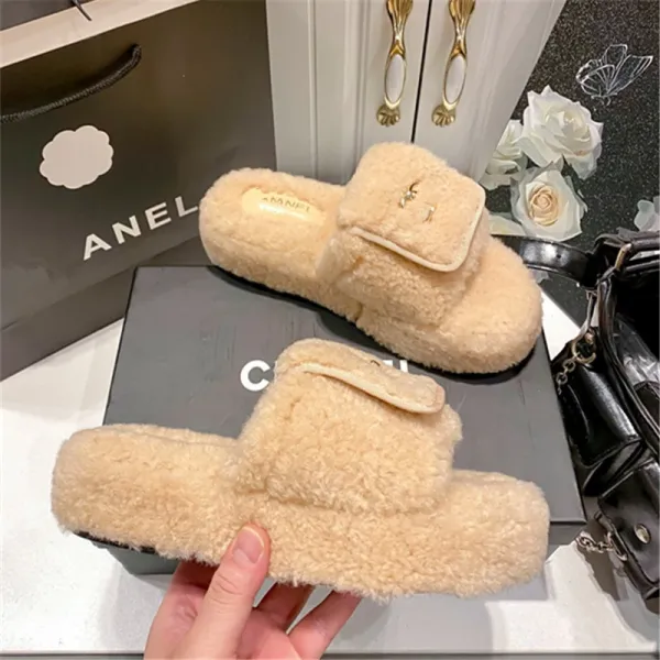 Chanel-inspired Faux Shearling Slide Slippers Beige Slippers - 18
