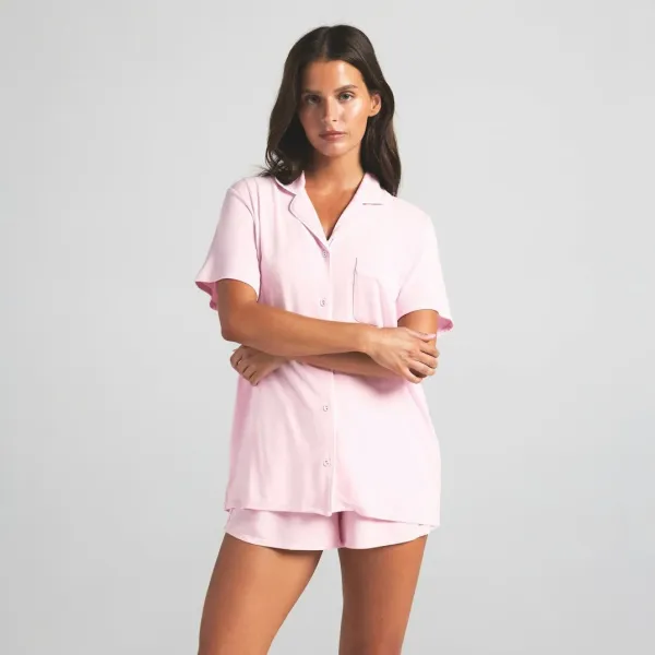 Pink Short-Sleeve Button-Up Pajama Set Sleepwear - 11