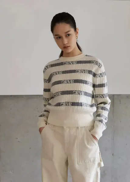 GRA Logo Stripe Ribbed Knit Sweater White/Gray - 24