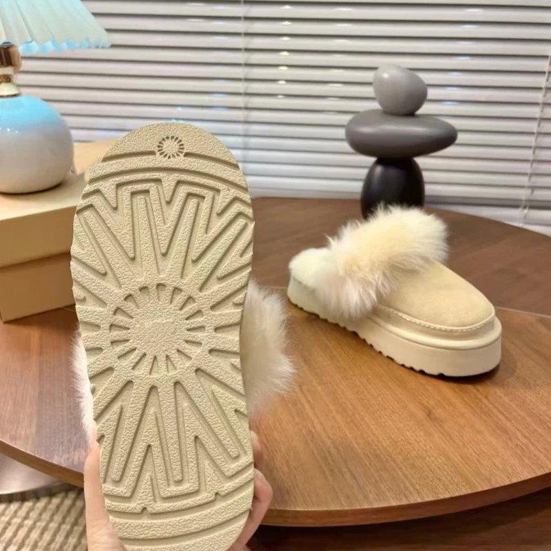 UGG Fluff Platform Slippers Beige Faux Fur Slippers - 20