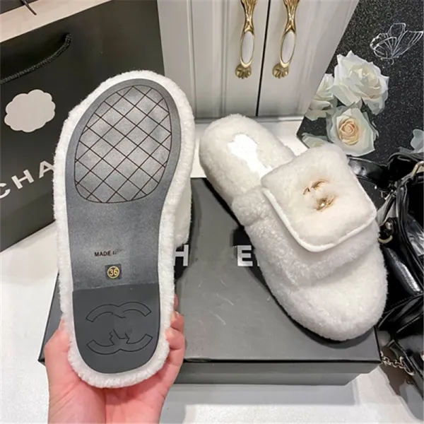 Chanel-inspired Faux Shearling Slide Slippers Beige Slippers - 12