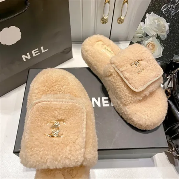Chanel-inspired Faux Shearling Slide Slippers Beige Slippers - 19