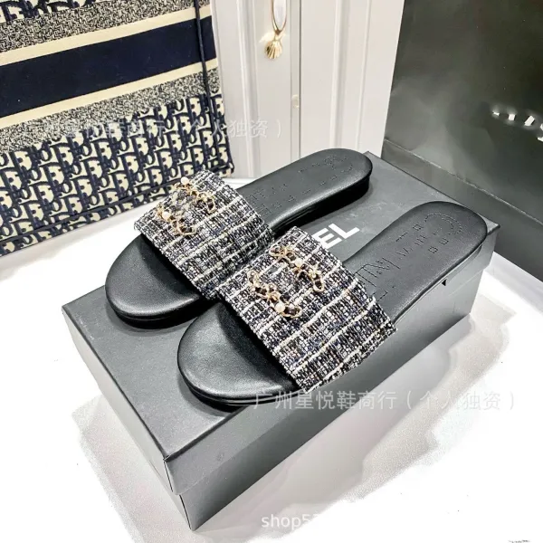 Chanel Tweed CC Logo Slide Sandals Black Multicolor - 12